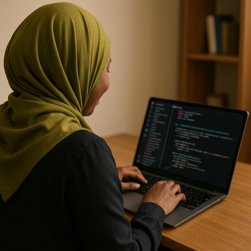 Nabintou coding at a laptop